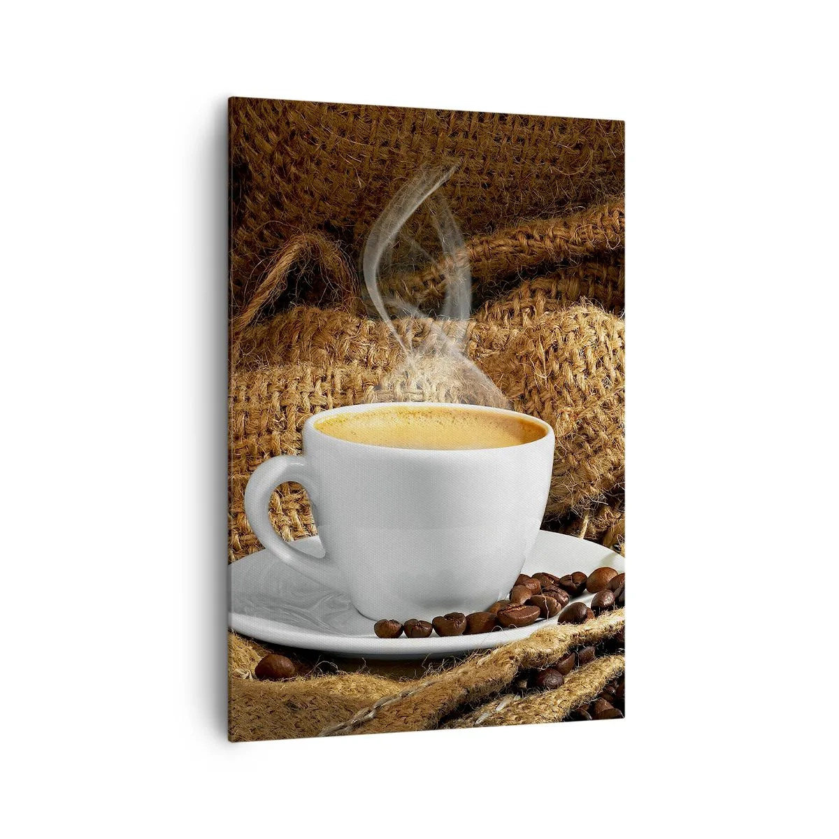 Obraz na płótnie - Filiżanka kawy otoczona workiem z ziarnami kawy - 70x100cm - Zapach moki i gęstość miodowego płynu - Nowoczesna dekoracja ścienna do salonu i sypialni ARTTOR