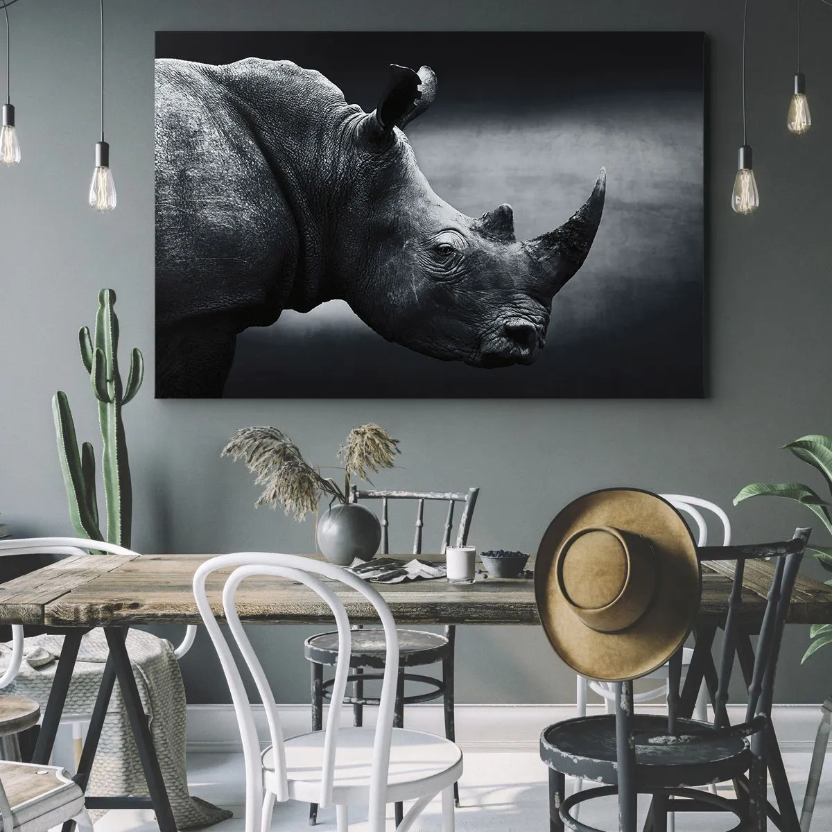 Obraz na płótnie - Czarno-biały portret nosorożca na ciemnym tle - 70x50cm - Prawy profil - Nowoczesna dekoracja ścienna do salonu i sypialni ARTTOR