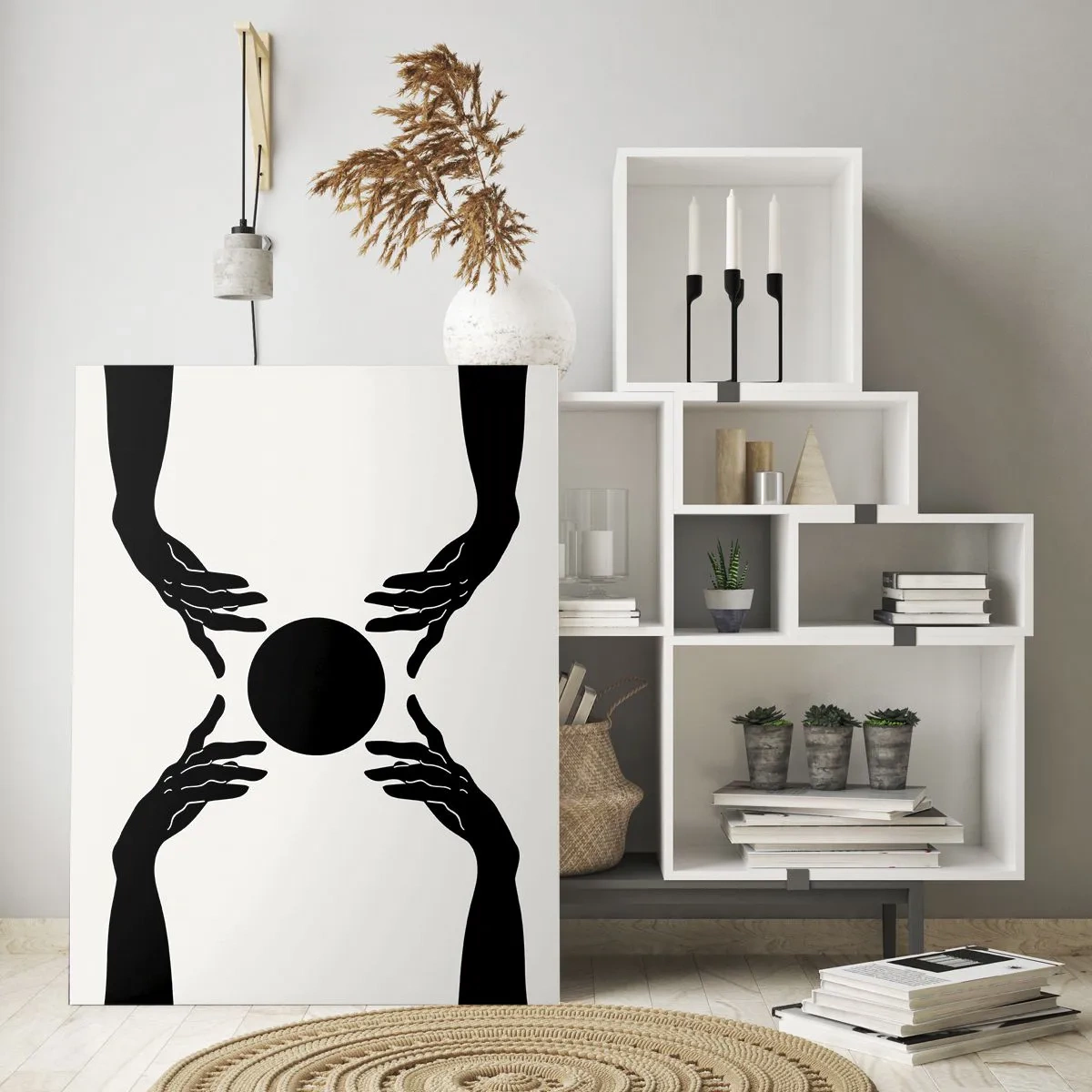 Obraz na szkle - Czarne dłonie wokół czarnego koła na jasnym tle - 50x70cm - Tajemny znak - Nowoczesna dekoracja ścienna do salonu, kuchni i sypialni ARTTOR