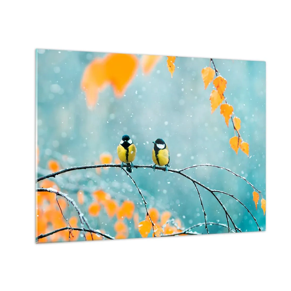 Obraz na szkle - Dwie sikorki siedzące na gałązce wśród opadających liści - 70x50cm - Ptasie plotki - Nowoczesna dekoracja ścienna do salonu i sypialni ARTTOR