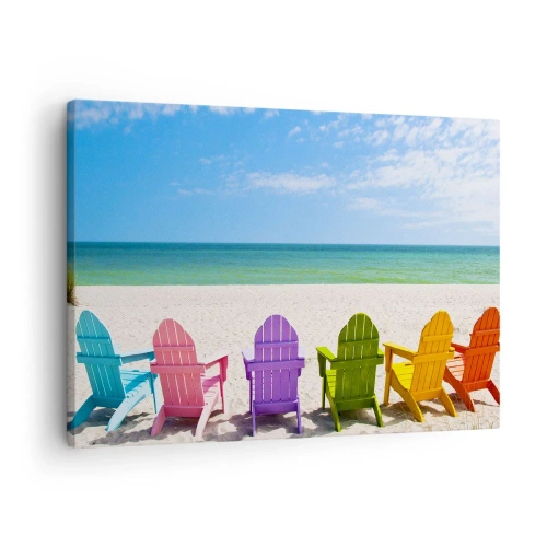 Obraz na płótnie - Kolorowe leżaki na plaży z widokiem na morze - 70x50cm - Tęczowa plaża - Nowoczesna dekoracja ścienna do salonu i sypialni ARTTOR