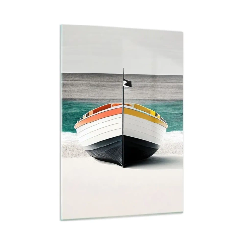 Obraz na szkle - Kolorowa łódź na plaży z turkusowym morzem w tle - 50x70cm - Na swoim miejscu - Nowoczesna dekoracja ścienna do salonu, kuchni i sypialni ARTTOR