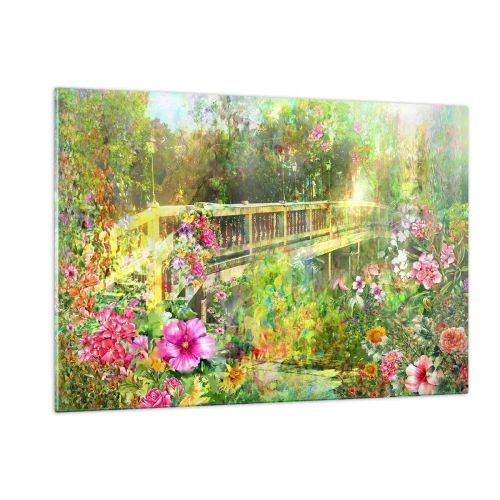 Obraz na szkle - Mostek otoczony bujną roślinnością i kolorowymi kwiatami - 120x80cm - Mostek wiosennych westchnień - Nowoczesna dekoracja ścienna do salonu, kuchni i sypialni ARTTOR