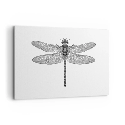 Obraz na płótnie - Czarno-biały rysunek ważki na białym tle w minimalistycznym stylu - 100x70cm - Precyzja natury - Nowoczesna dekoracja ścienna do salonu, kuchni i sypialni ARTTOR