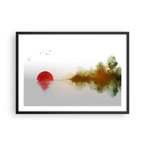 Plakat w czarnej ramie - Abstrakcyjny zachód słońca nad jeziorem z odbiciem - 70x50cm - Obietnica spokoju - Nowoczesna dekoracja ścienna do salonu i sypialni ARTTOR