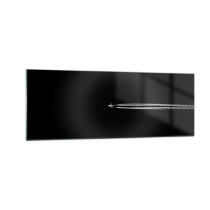 Obraz na szkle - Samolot odrzutowy z widoczną smugą na czarnym tle - 140x50cm - W inny wymiar - Nowoczesna dekoracja ścienna do salonu i sypialni ARTTOR
