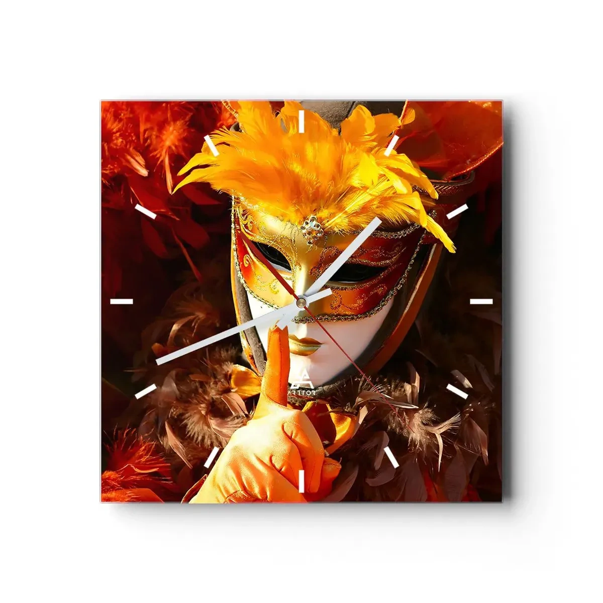 Zegar ścienny - Maska karnawałowa w odcieniach złota i pomarańczu - 30x30cm - Tajemnica to część gry - Nowoczesna dekoracja ścienna do salonu i sypialni ARTTOR