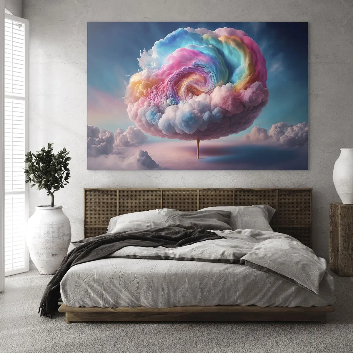 Obraz na szkle - Fantazyjna chmura w pastelowych barwach przypominająca watę cukrową - 70x50cm - Sen o wesołym miasteczku - Nowoczesna dekoracja ścienna do salonu i sypialni ARTTOR