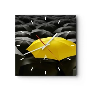 Zegar ścienny - Żółty parasol wśród czarnych parasoli - 30x30cm - Żegnaj smutku - Nowoczesna dekoracja ścienna do salonu i sypialni ARTTOR