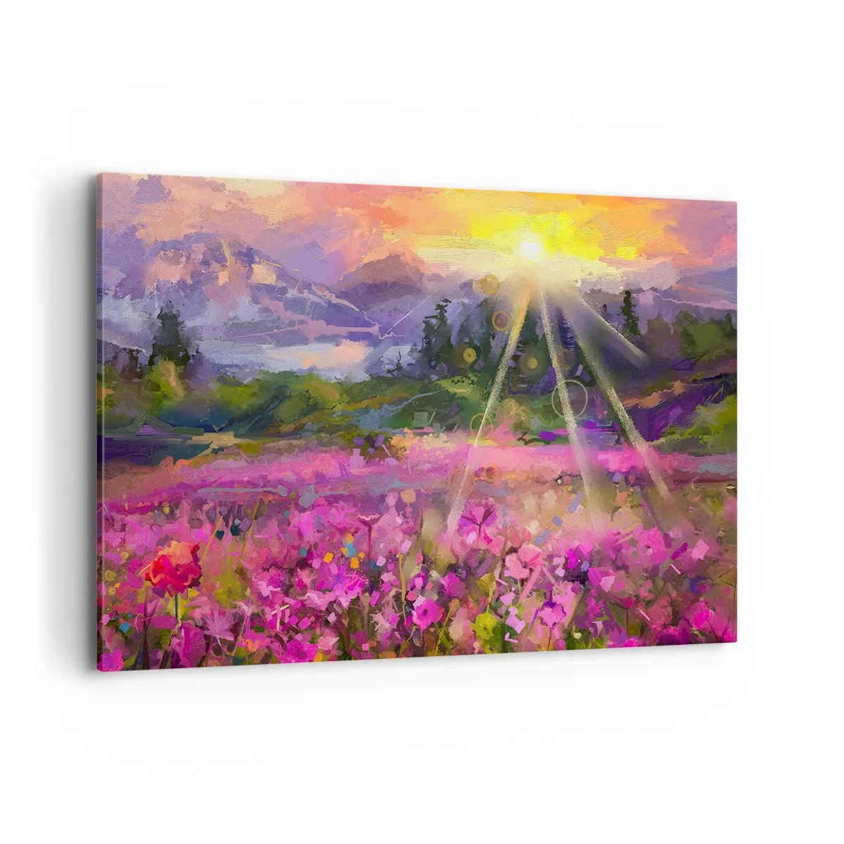 Obraz na płótnie - Malownicza łąka w promieniach zachodzącego słońca - 120x80cm - W dolinie pod opieką słońca - Nowoczesna dekoracja ścienna do salonu, kuchni i sypialni ARTTOR