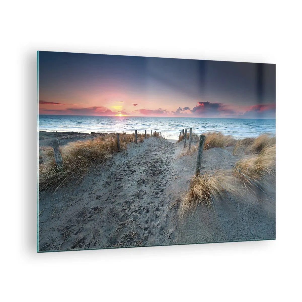 Obraz na szkle - Ścieżka przez wydmy prowadząca do morza o zachodzie - 70x50cm - Rozlałeś tęczę blasków promienistą… - Nowoczesna dekoracja ścienna do salonu i sypialni ARTTOR