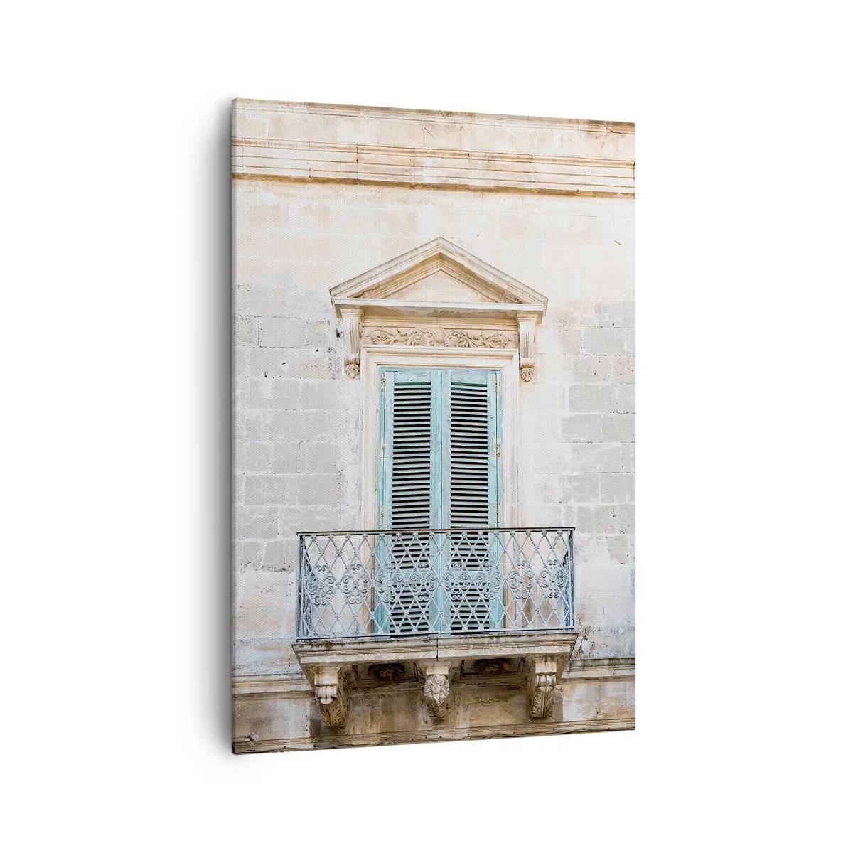 Obraz na płótnie - Zabytkowe okno z błękitnymi okiennicami i ozdobnym balkonem - 70x100cm - Niepowtarzalny urok Italii - Nowoczesna dekoracja ścienna do salonu i sypialni ARTTOR