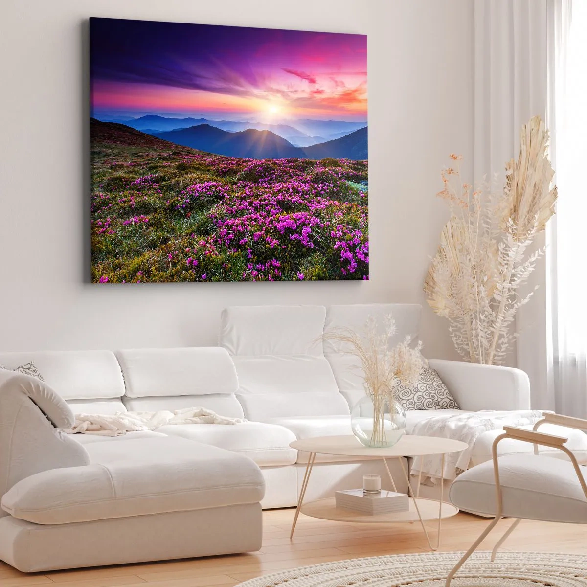 Obraz na płótnie - Górska łąka z kwiatami o zachodzie słońca - 70x50cm - Ziół zapachniały świeże pęki od niw - Nowoczesna dekoracja ścienna do salonu i sypialni ARTTOR