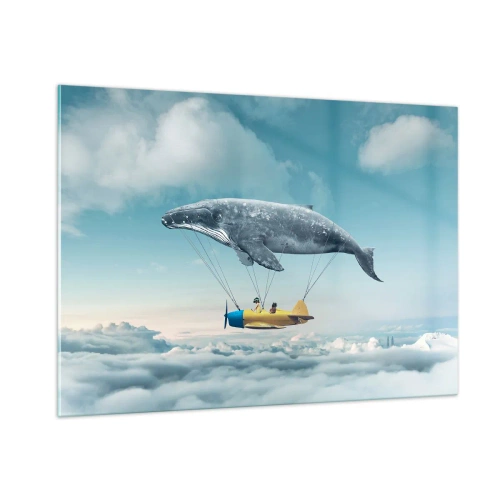 Obraz na szkle - Wieloryb unoszący samolot nad chmurami w surrealistycznej scenerii - 100x70cm - Dlaczego nie? - Nowoczesna dekoracja ścienna do salonu, kuchni i sypialni ARTTOR