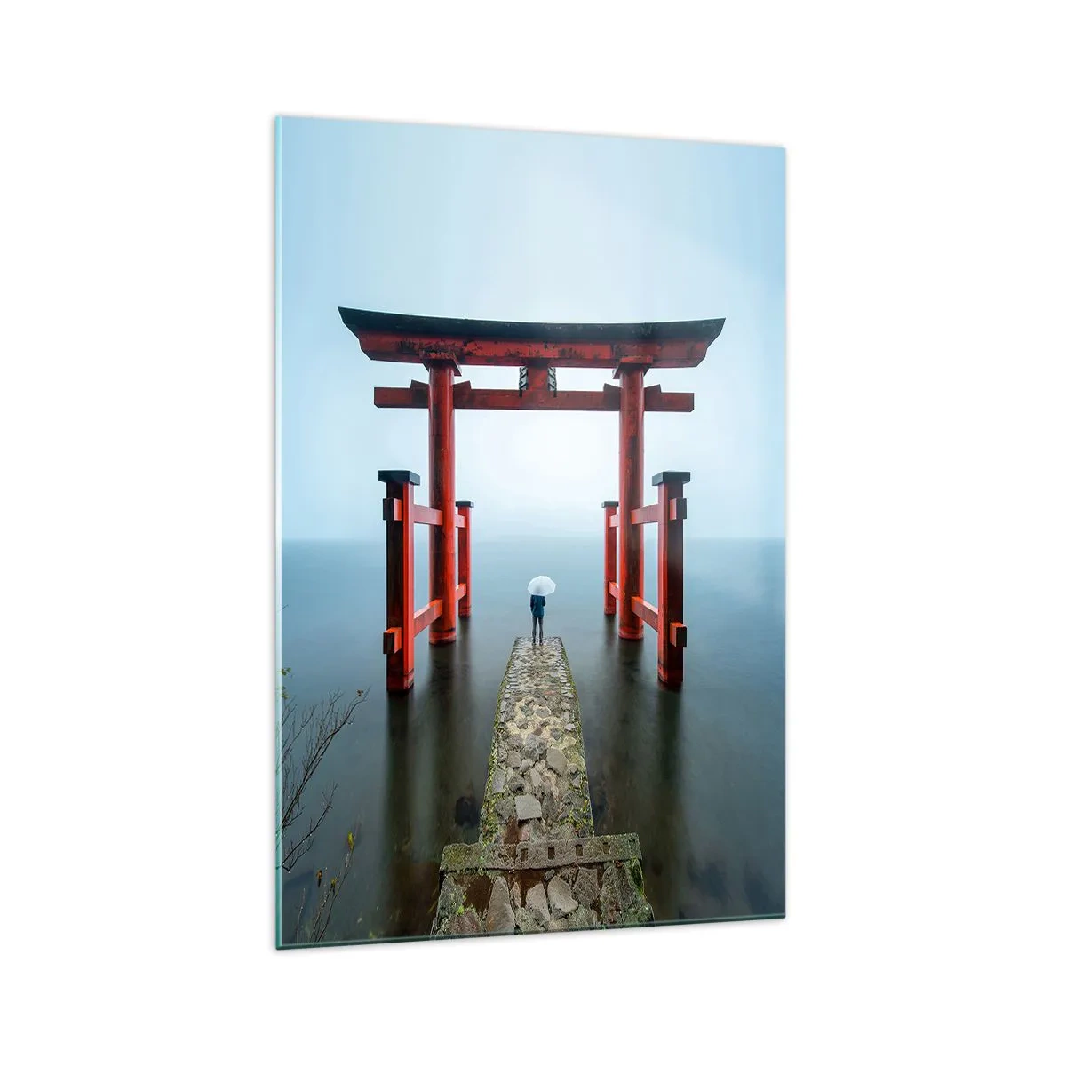 Obraz na szkle - Brama torii nad spokojnym jeziorem w Japonii - 70x100cm - Japońska zaduma - Nowoczesna dekoracja ścienna do salonu i sypialni ARTTOR