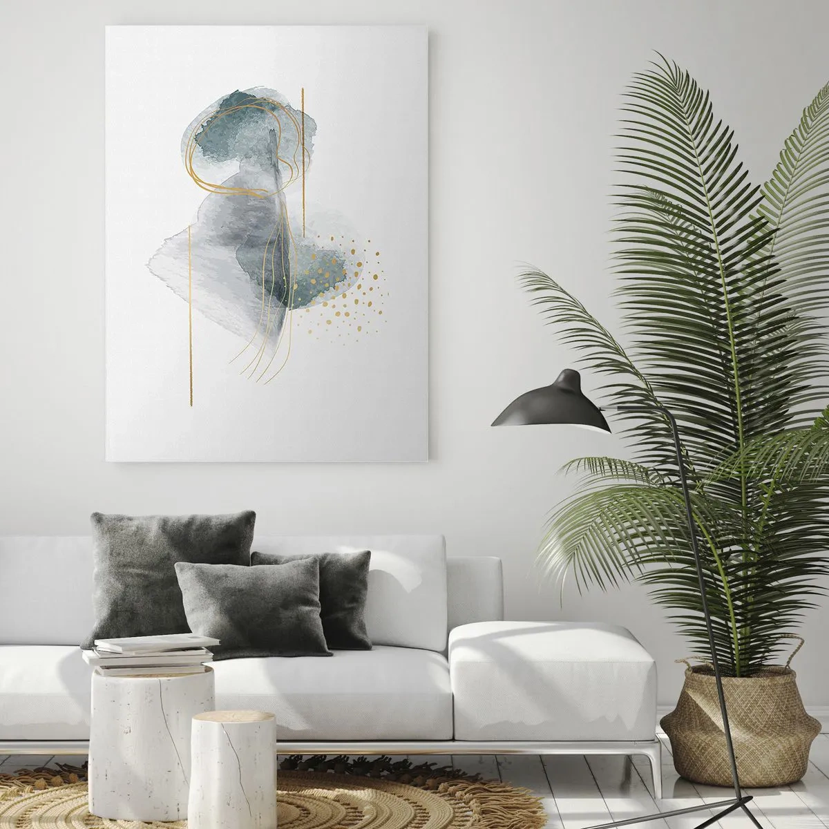 Obraz na szkle - Abstrakcyjna kompozycja w odcieniach turkusu i złota - 80x120cm - O związkach szarości i złota - Nowoczesna dekoracja ścienna do salonu i sypialni ARTTOR