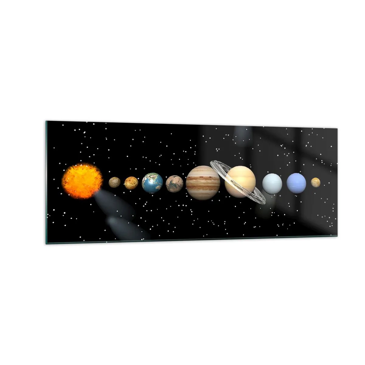 Obraz na szkle - Układ słoneczny z planetami na tle gwiazd w kosmosie - 140x50cm - A planety szaleją, szaleją… - Nowoczesna dekoracja ścienna do salonu i sypialni ARTTOR