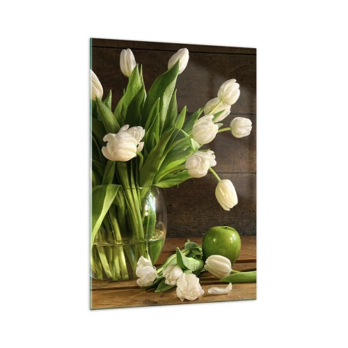 Obraz na szkle - Bukiet białych tulipanów w szklanym wazonie z zielonymi jabłkami - 70x100cm - Soczyste i świeże w zieleni i bieli - Nowoczesna dekoracja ścienna do salonu i sypialni ARTTOR