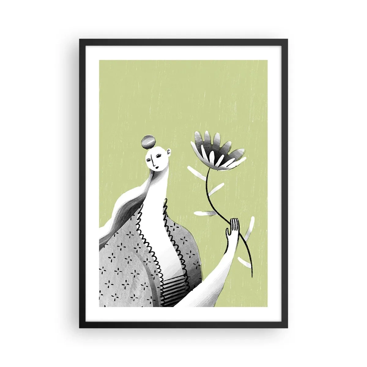 Plakat w czarnej ramie - Minimalistyczna kobieta trzymająca kwiat na zielonym tle - 50x70cm - Portret modernistyczny – trzymająca kwiat - Nowoczesna dekoracja ścienna do salonu i sypialni ARTTOR