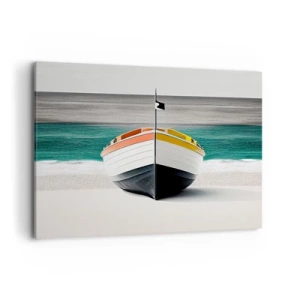 Obraz na płótnie - Łódź na plaży z turkusowym morzem w tle - 120x80cm - Na swoim miejscu - Nowoczesna dekoracja ścienna do salonu, kuchni i sypialni ARTTOR
