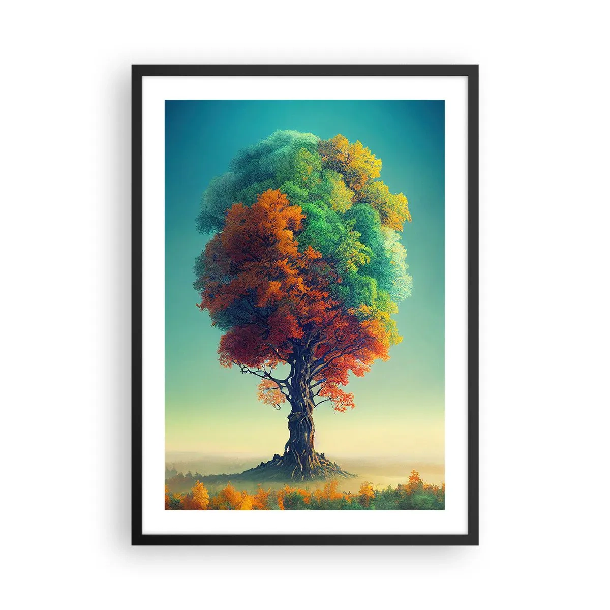 Plakat w czarnej ramie - Drzewo w barwach czterech pór roku - 50x70cm - Dąb – ojciec natury - Nowoczesna dekoracja ścienna do salonu i sypialni ARTTOR