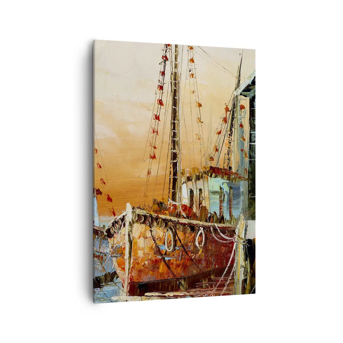 Obraz na płótnie - Łodzie przy brzegu w ciepłym świetle zachodu słońca - 70x100cm - Spokojny powrót - Nowoczesna dekoracja ścienna do salonu i sypialni ARTTOR
