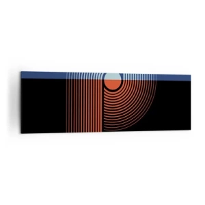 Obraz na płótnie - Geometryczna abstrakcja z liniami w kolorach granatu i pomarańczu - 160x50cm - W geometrycznym uścisku - Nowoczesna dekoracja ścienna do salonu i sypialni ARTTOR