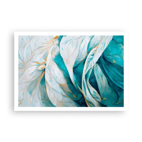 Plakat - Abstrakcyjne błękitne liście ze złotymi detalami - 100x70cm - Błękitna abstrakcja z motywem złota - Nowoczesna dekoracja ścienna do salonu i sypialni ARTTOR