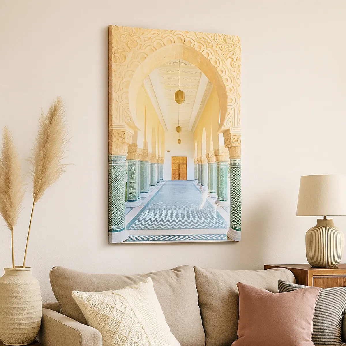 Obraz na płótnie - Orientalny korytarz z bogato zdobionymi łukami i mozaikowymi kolumnami - 50x70cm - Z opowieści Szeherezady - Nowoczesna dekoracja ścienna do salonu, kuchni i sypialni ARTTOR