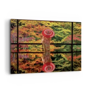 Obraz na płótnie - Kobieta w kimonie z parasolem na tle jesiennego krajobrazu - 100x70cm - W świątyni natury - Nowoczesna dekoracja ścienna do salonu, kuchni i sypialni ARTTOR
