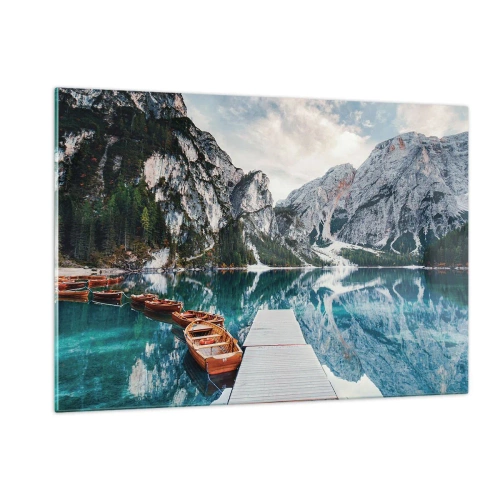 Obraz na szkle - Drewniany pomost nad turkusowym jeziorem w górach - 120x80cm - Pokażemy ci piękno - Nowoczesna dekoracja ścienna do salonu, kuchni i sypialni ARTTOR