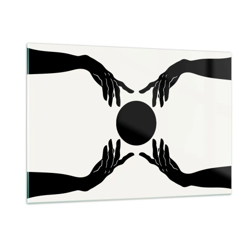 Obraz na szkle - Czarne dłonie wokół czarnego koła na jasnym tle - 120x80cm - Tajemny znak - Nowoczesna dekoracja ścienna do salonu, kuchni i sypialni ARTTOR