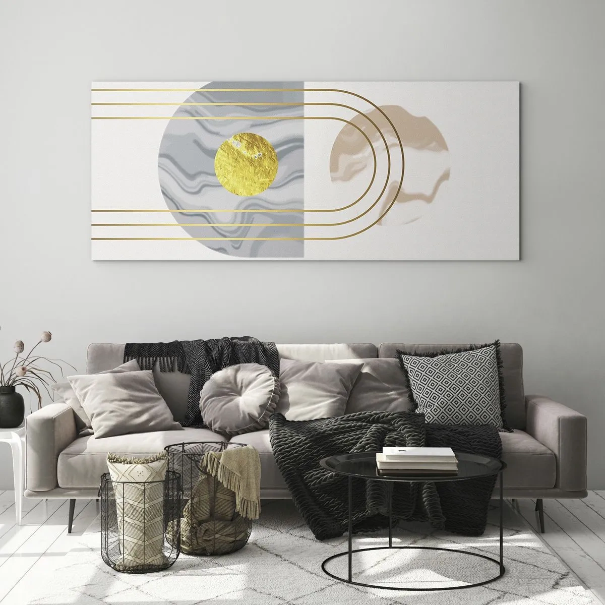 Obraz na szkle - Abstrakcyjna kompozycja z okręgami i złotymi liniami na jasnym tle - 140x50cm - Jasność i blask - Nowoczesna dekoracja ścienna do salonu i sypialni ARTTOR