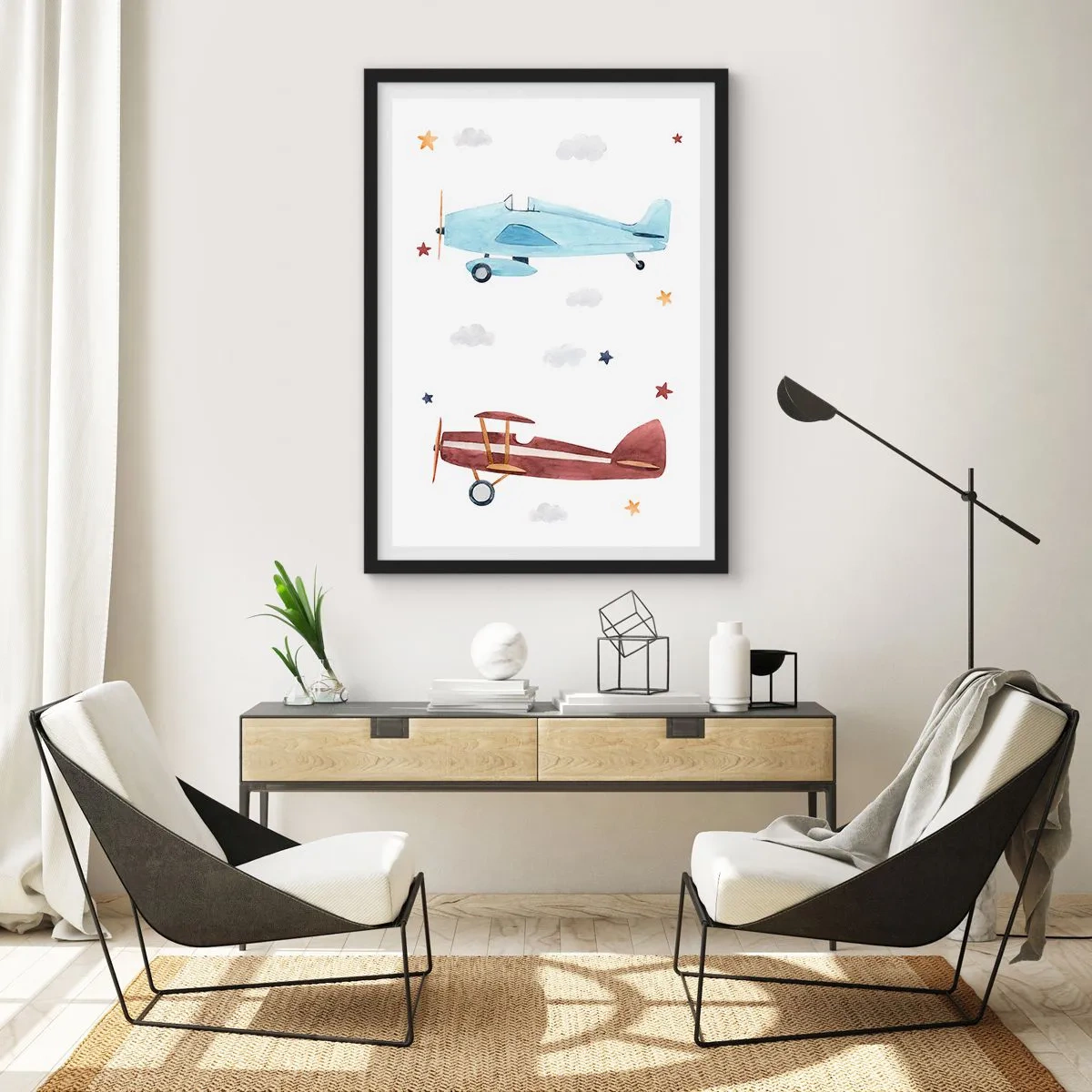 Plakat w czarnej ramie - Akwarelowe ilustracje dwóch samolotów unoszących się wśród chmur i gwiazd - 50x70cm - Panie pilocie, czekamy! - Nowoczesna dekoracja ścienna do salonu i sypialni ARTTOR