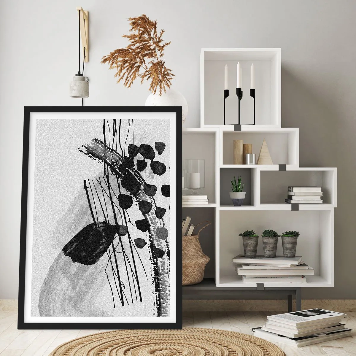 Plakat w czarnej ramie - Nowoczesna abstrakcja w czerni i bieli z dynamicznymi liniami - 50x70cm - Czarno-biała abstrakcja organiczna - Nowoczesna dekoracja ścienna do salonu i sypialni ARTTOR