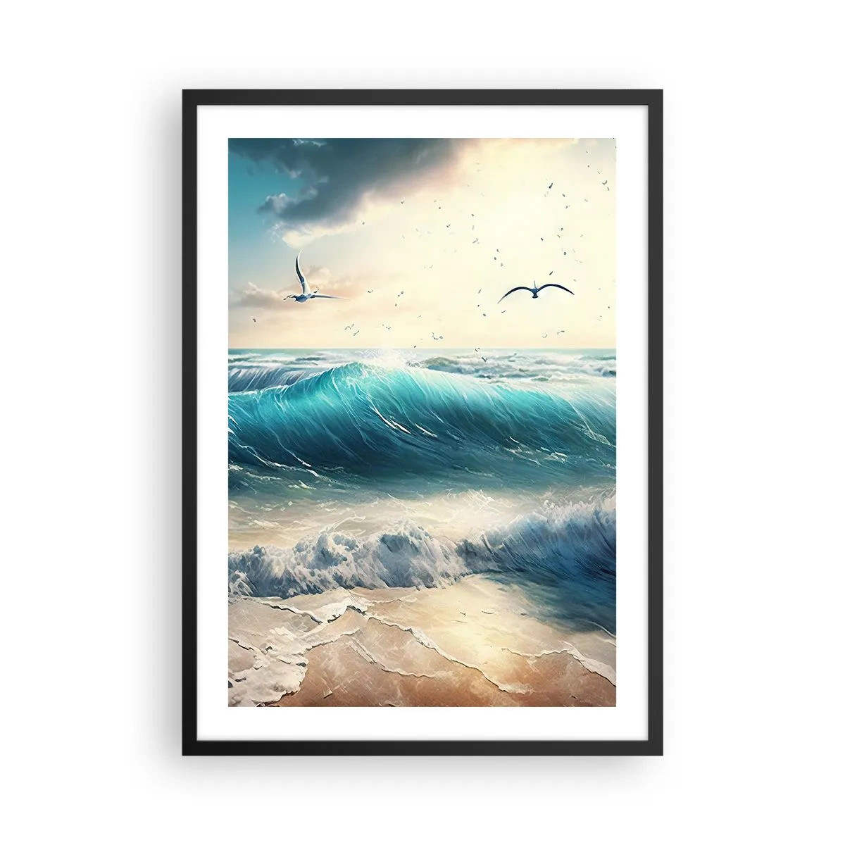 Plakat w czarnej ramie - Turkusowe fale rozbijające się o brzeg - 50x70cm - Szumi tylko dla ciebie - Nowoczesna dekoracja ścienna do salonu i sypialni ARTTOR
