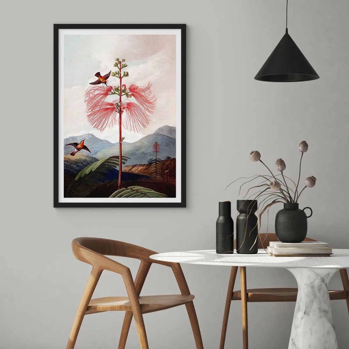 Plakat w czarnej ramie - Egzotyczny kwiat z kolibrami wśród gór - 50x70cm - W tropikalnym raju - Nowoczesna dekoracja ścienna do salonu i sypialni ARTTOR