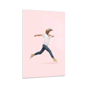 Obraz na szkle - Surrealistyczna postać z głową kaczki w ruchu - 70x100cm - Szczypta absurdu - Nowoczesna dekoracja ścienna do salonu i sypialni ARTTOR