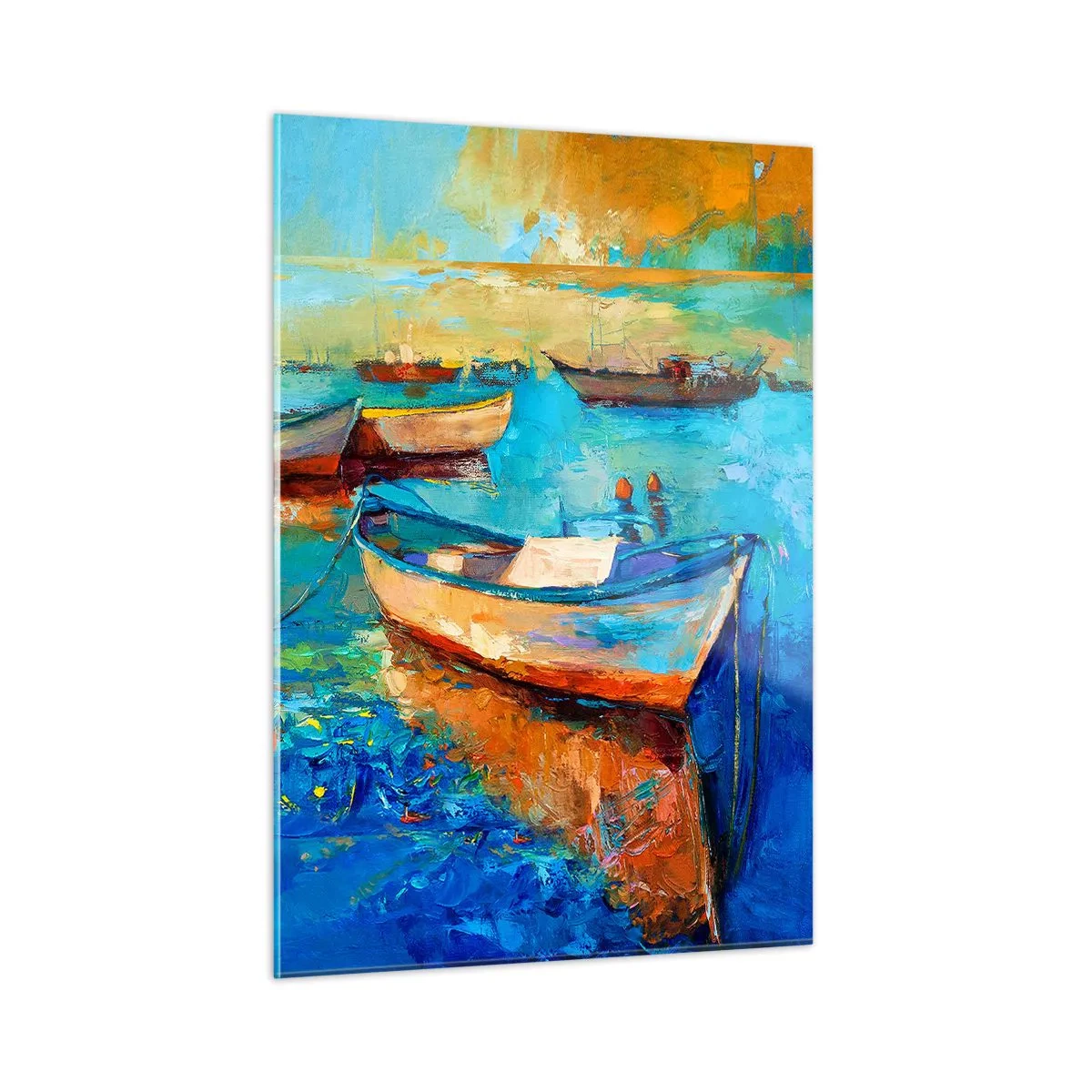 Obraz na szkle - Kolorowe łodzie na spokojnym wodnym tle - 50x70cm - W południowej zatoce - Nowoczesna dekoracja ścienna do salonu, kuchni i sypialni ARTTOR