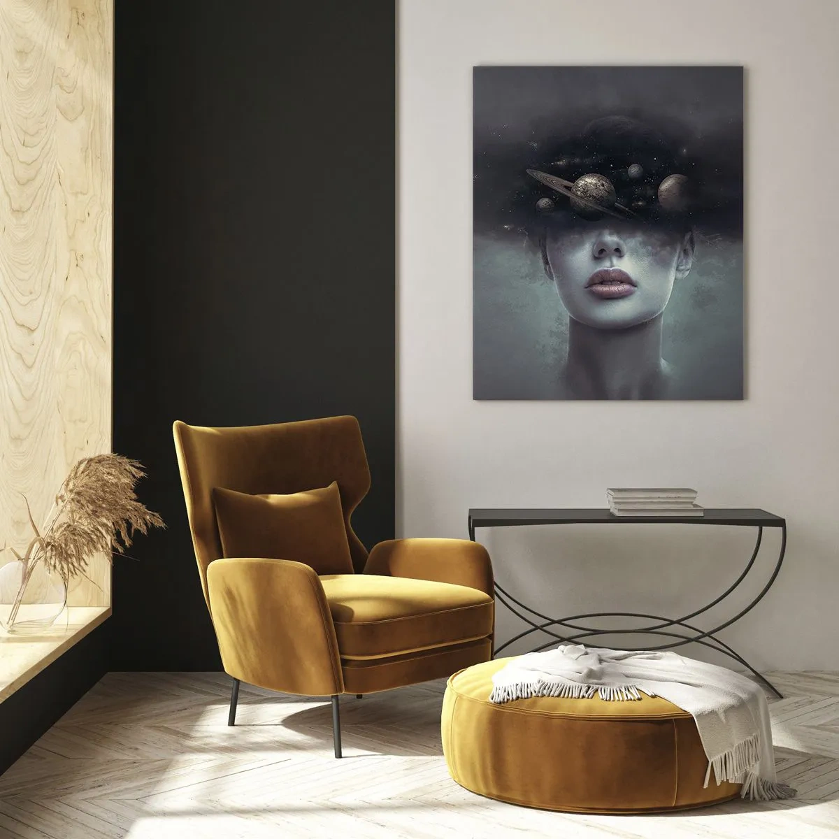 Obraz na szkle - Kobieta z planetami w miejscu głowy w surrealistycznej kompozycji - 50x70cm - A planety szaleją… - Nowoczesna dekoracja ścienna do salonu, kuchni i sypialni ARTTOR