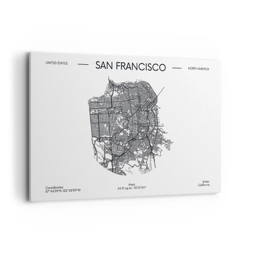 Obraz na płótnie - Mapa San Francisco w czarno-białym stylu minimalistycznym - 120x80cm - Anatomia San Francisco - Nowoczesna dekoracja ścienna do salonu, kuchni i sypialni ARTTOR