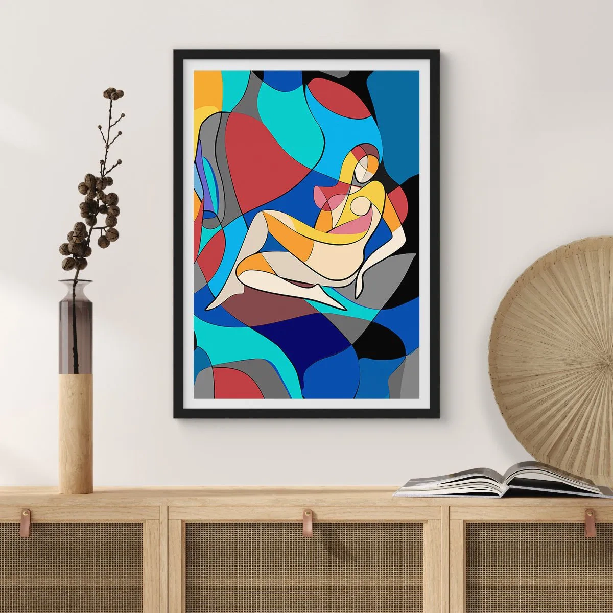 Plakat w czarnej ramie - Abstrakcyjna sylwetka kobiety w kolorowej kompozycji - 50x70cm - Kubistyczny akt - Nowoczesna dekoracja ścienna do salonu i sypialni ARTTOR