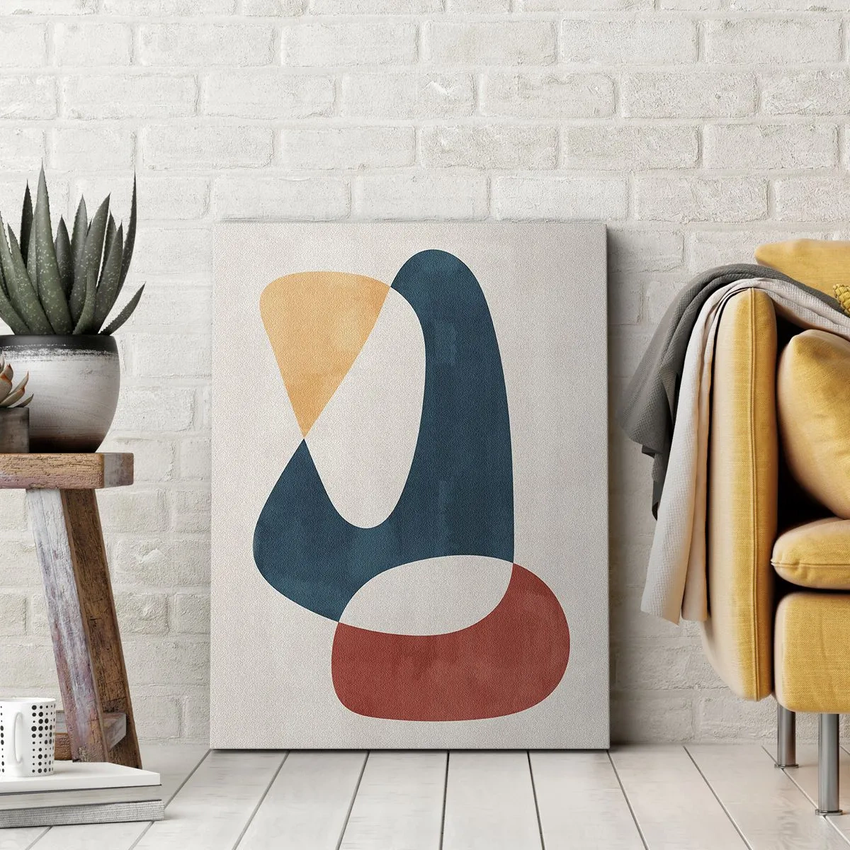 Obraz na płótnie - Minimalistyczna kompozycja abstrakcyjnych kształtów w odcieniach niebieskiego, czerwieni i beżu - 50x70cm - Wpływy i metamorfozy - Nowoczesna dekoracja ścienna do salonu, kuchni i sypialni ARTTOR