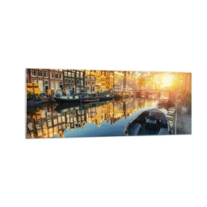 Obraz na szkle - Kanał w Amsterdamie o zachodzie słońca - 140x50cm - Poranek w Amsterdamie - Nowoczesna dekoracja ścienna do salonu i sypialni ARTTOR