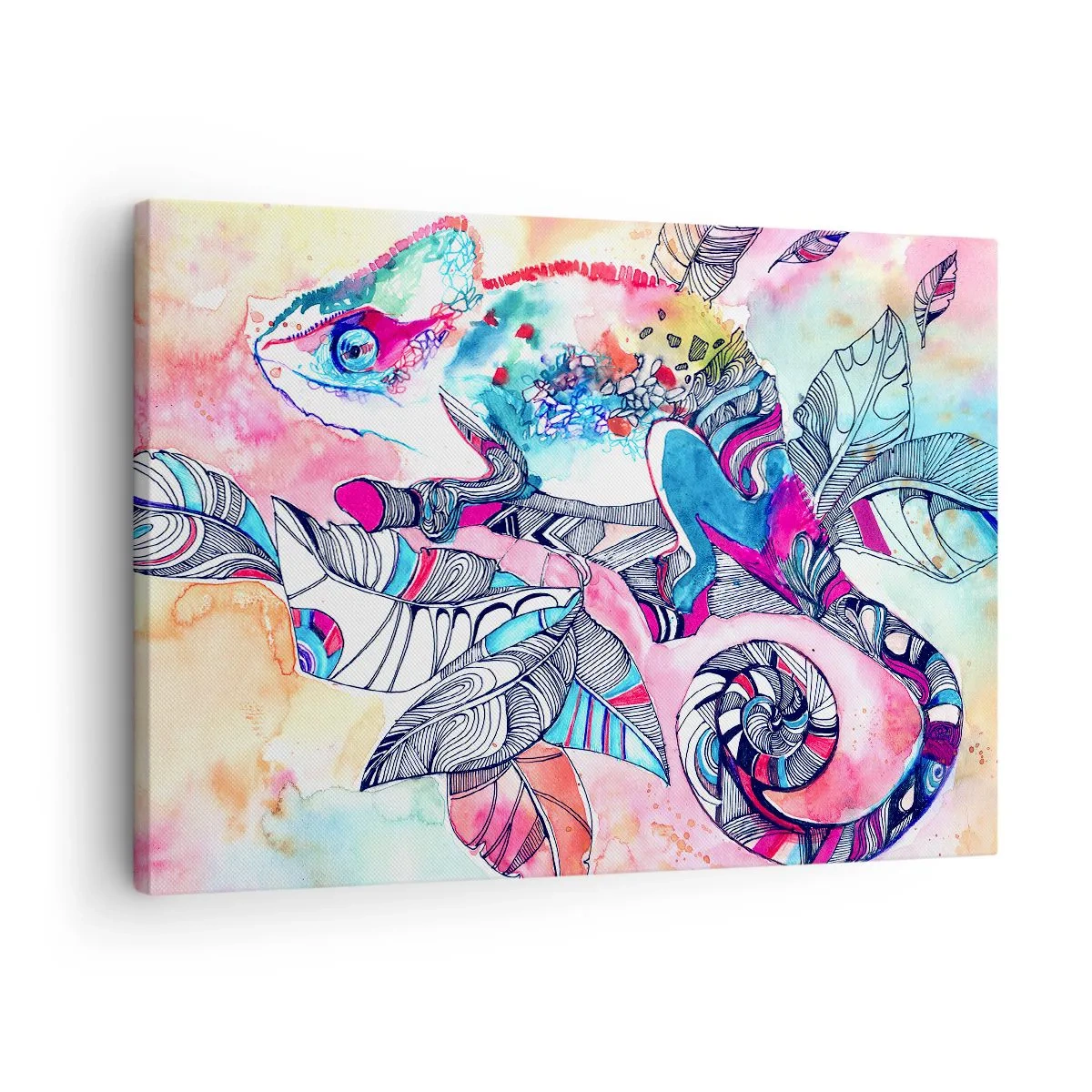 Obraz na płótnie - Kolorowy kameleon na tle abstrakcyjnych liści - 70x50cm - Kolorowy jak nasz świat - Nowoczesna dekoracja ścienna do salonu i sypialni ARTTOR