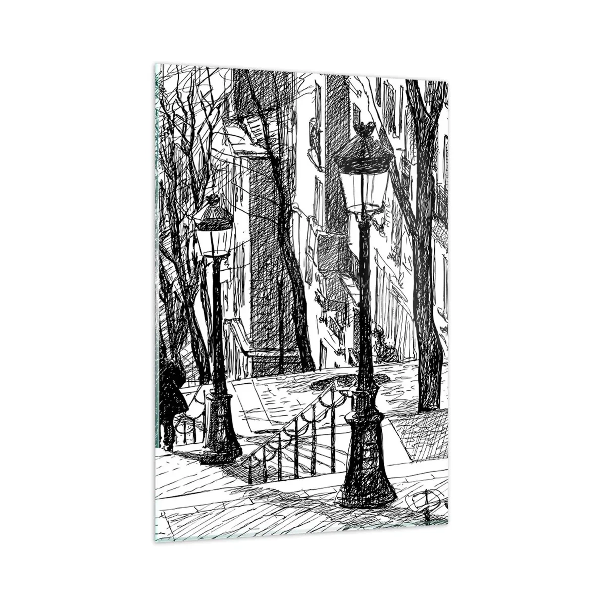 Obraz na szkle - Ulica z lampami i sylwetką człowieka w technice szkicowej - 80x120cm - Historia miłosna czy opowieśc grozy? - Nowoczesna dekoracja ścienna do salonu i sypialni ARTTOR