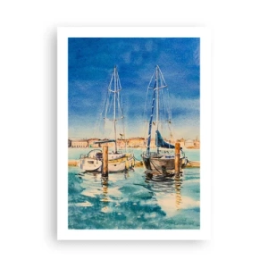 Plakat - Akwarelowa ilustracja żaglówek na tle błękitnej laguny w słoneczny dzień - 50x70cm - Słoneczna laguna - Nowoczesna dekoracja ścienna do salonu, kuchni i sypialni ARTTOR