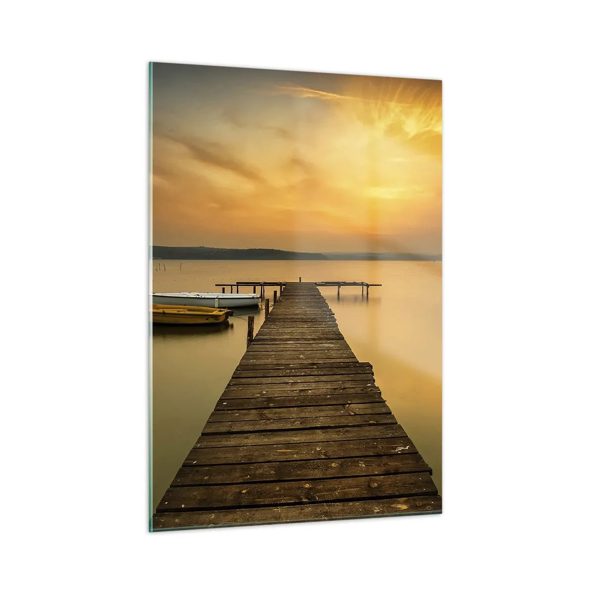 Obraz na szkle - Molo nad jeziorem przy zachodzie słońca z łodzią - 50x70cm - Niebo złote ci otworzę - Nowoczesna dekoracja ścienna do salonu, kuchni i sypialni ARTTOR