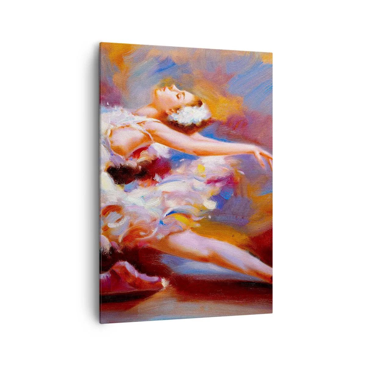 Obraz na płótnie - Balerina w dynamicznej pozie wśród pastelowych barw - 70x100cm - Łabędzia gracja - Nowoczesna dekoracja ścienna do salonu i sypialni ARTTOR