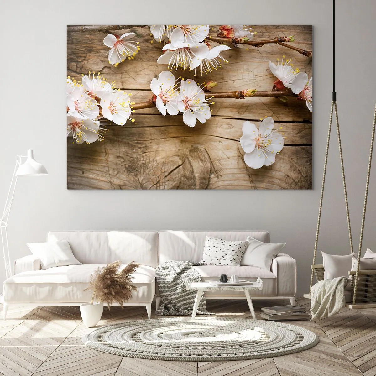 Obraz na szkle - Gałązki kwitnącej wiśni na drewnianym tle - 70x50cm - I stała się wiosna - Nowoczesna dekoracja ścienna do salonu i sypialni ARTTOR